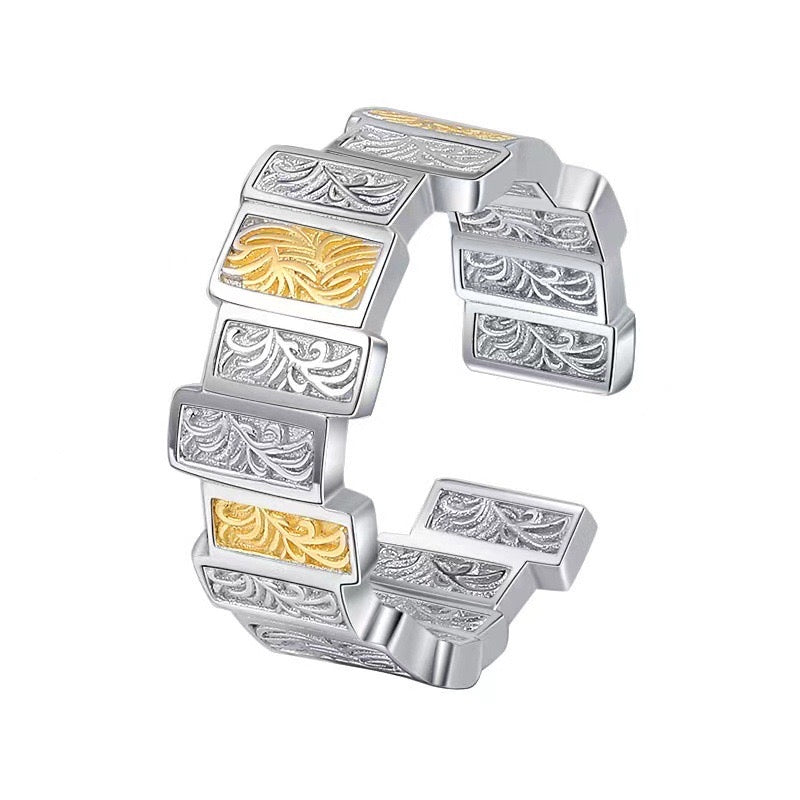 silver tile ring with gold plated details