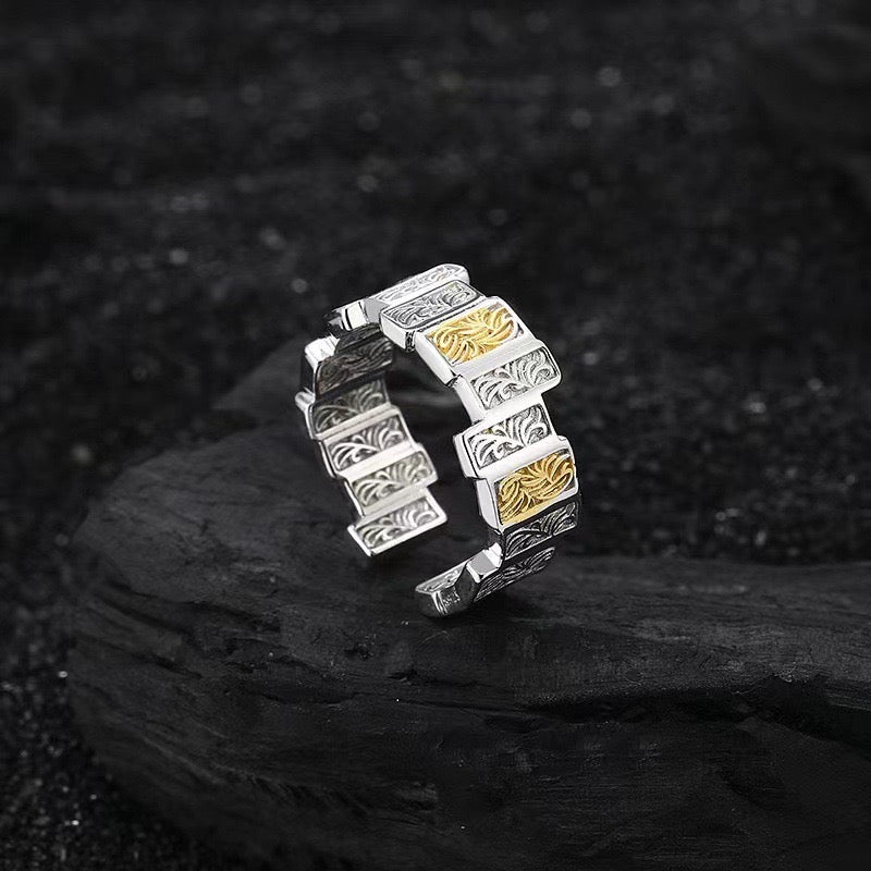 silver tile ring with gold plated details