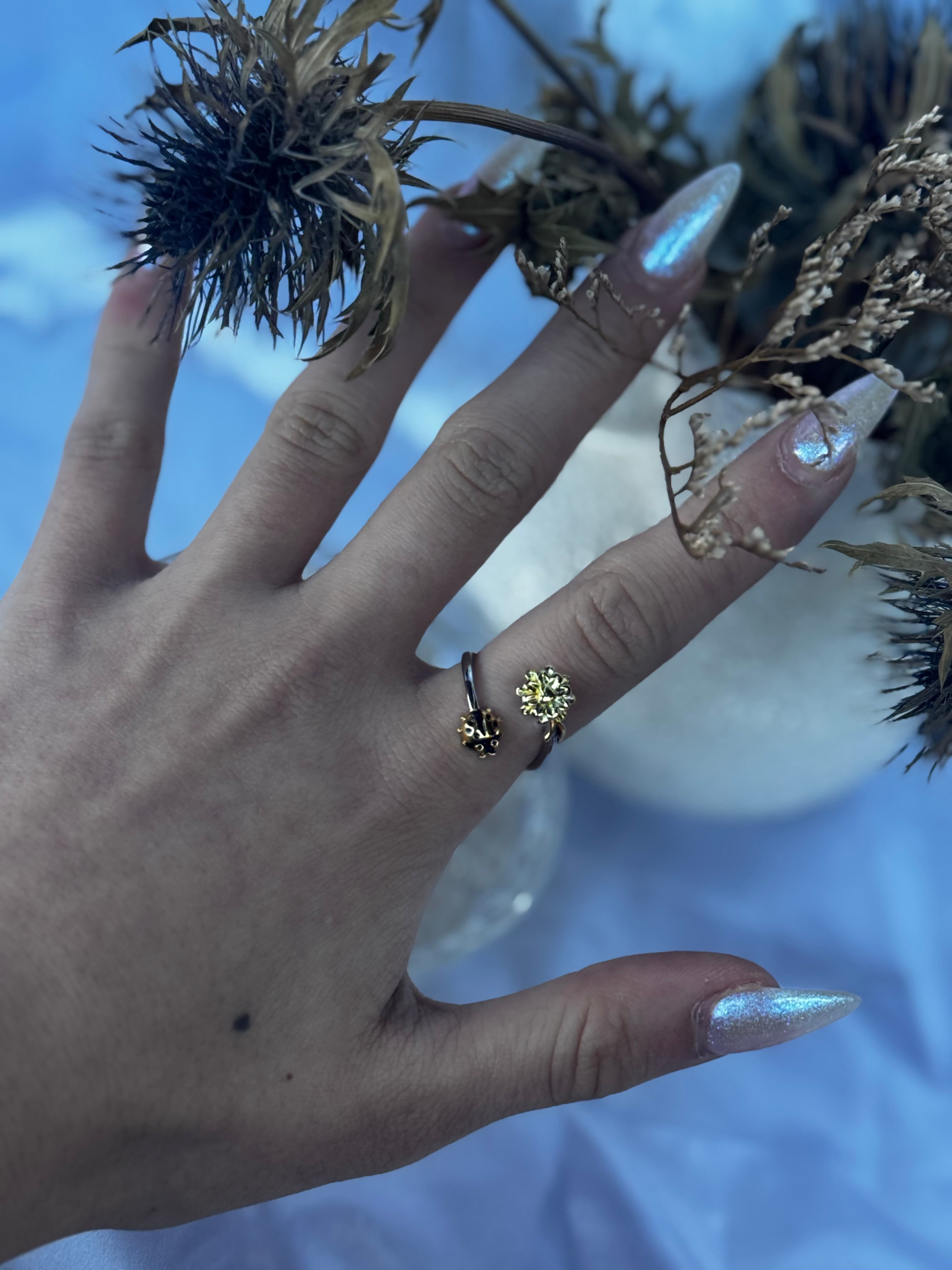 Silver lady bug Flower Fidget ring