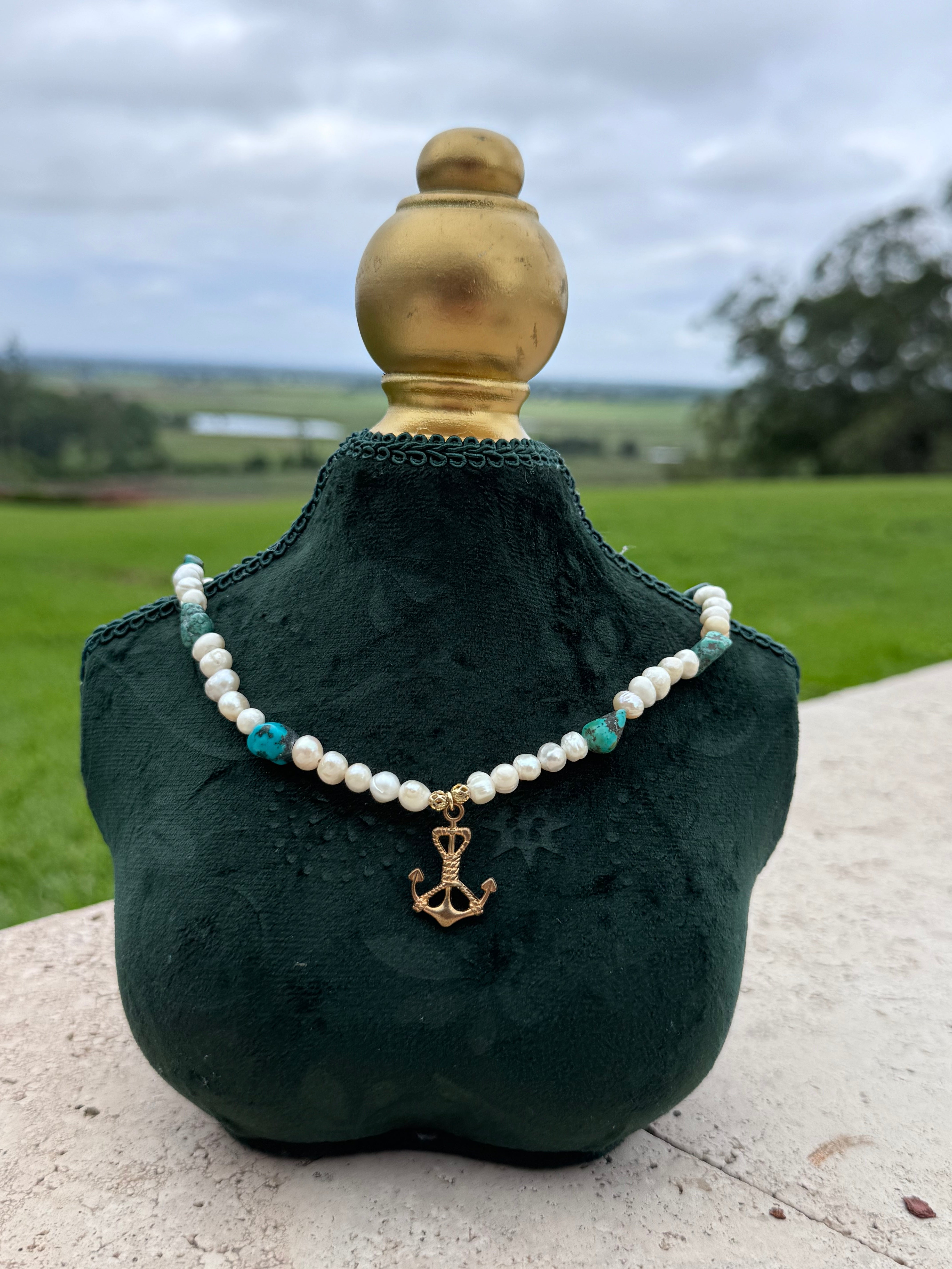 Turquoise & Pearl Anchor necklace