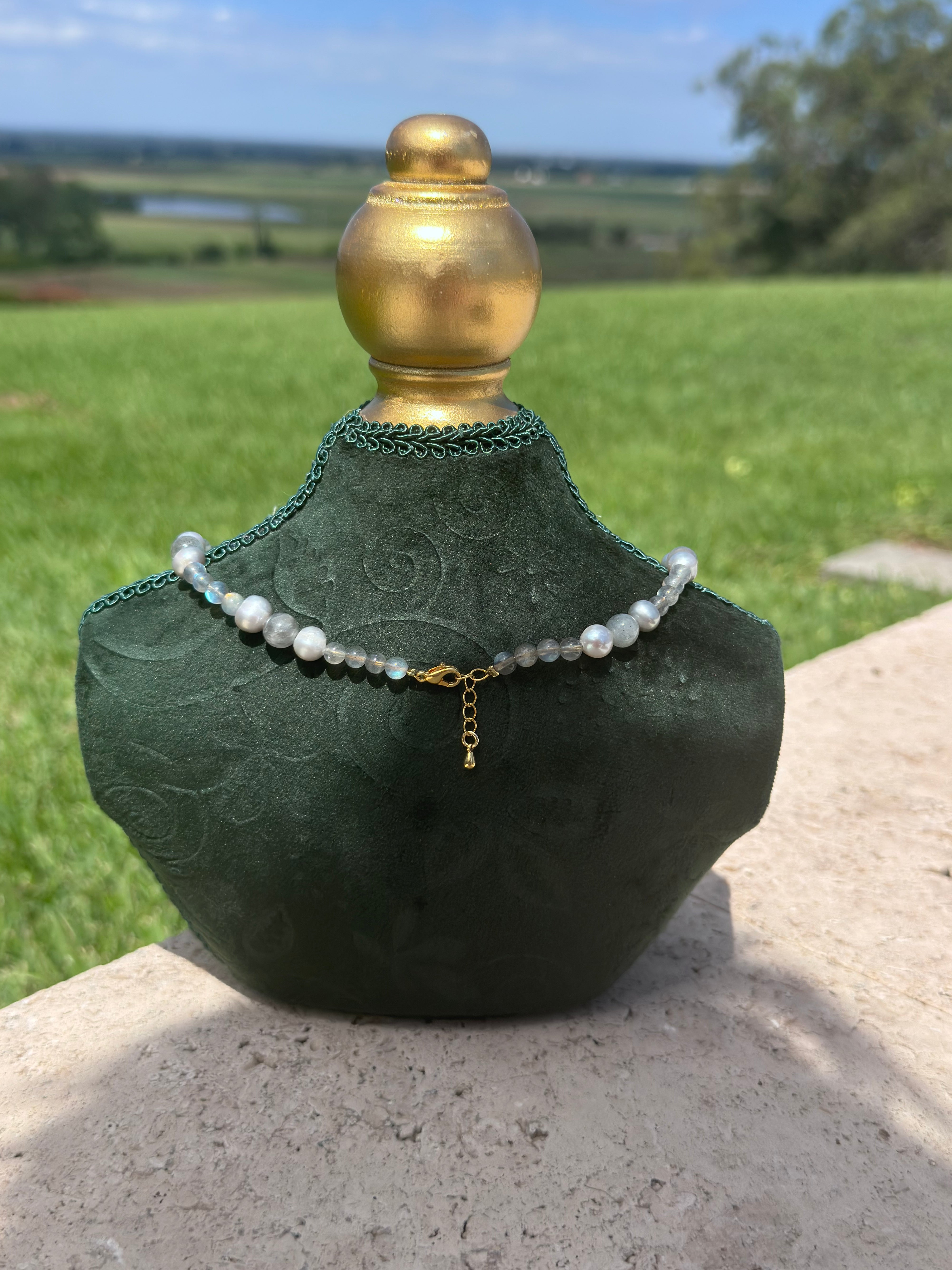 Labradorite and pearl Essential Oil Necklace