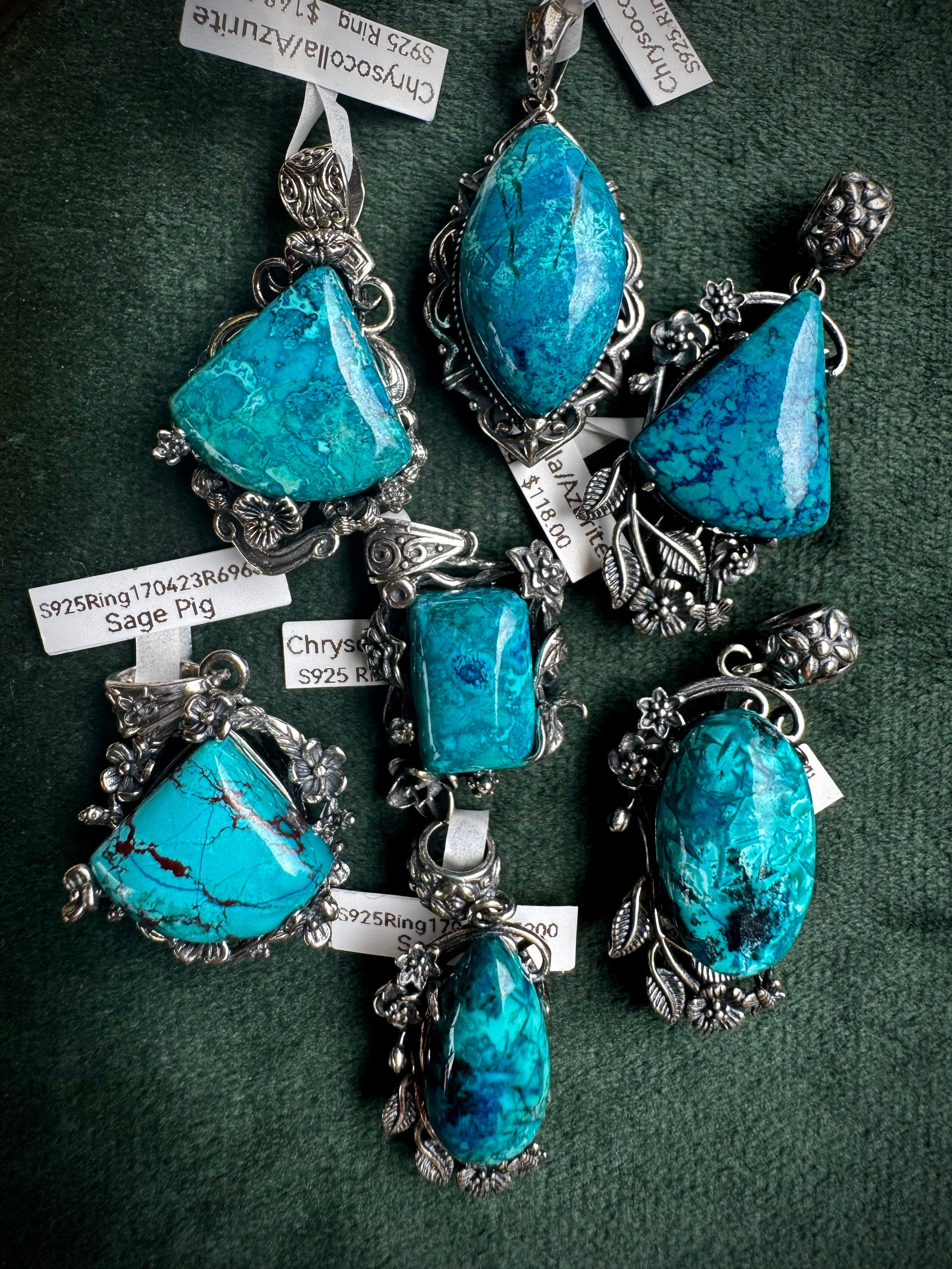 S925 Chrysocolla Floral Pendants