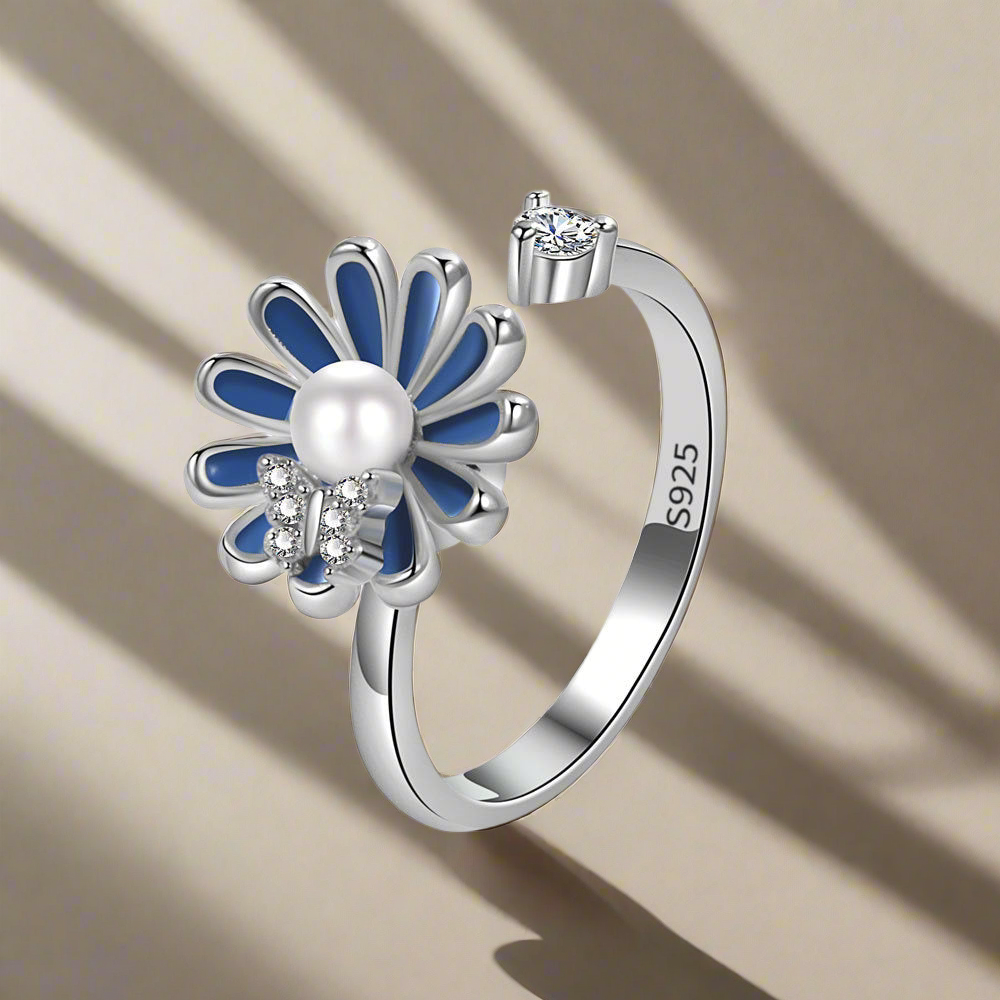 Silver Blue Daisy Butterfly Fidget Ring