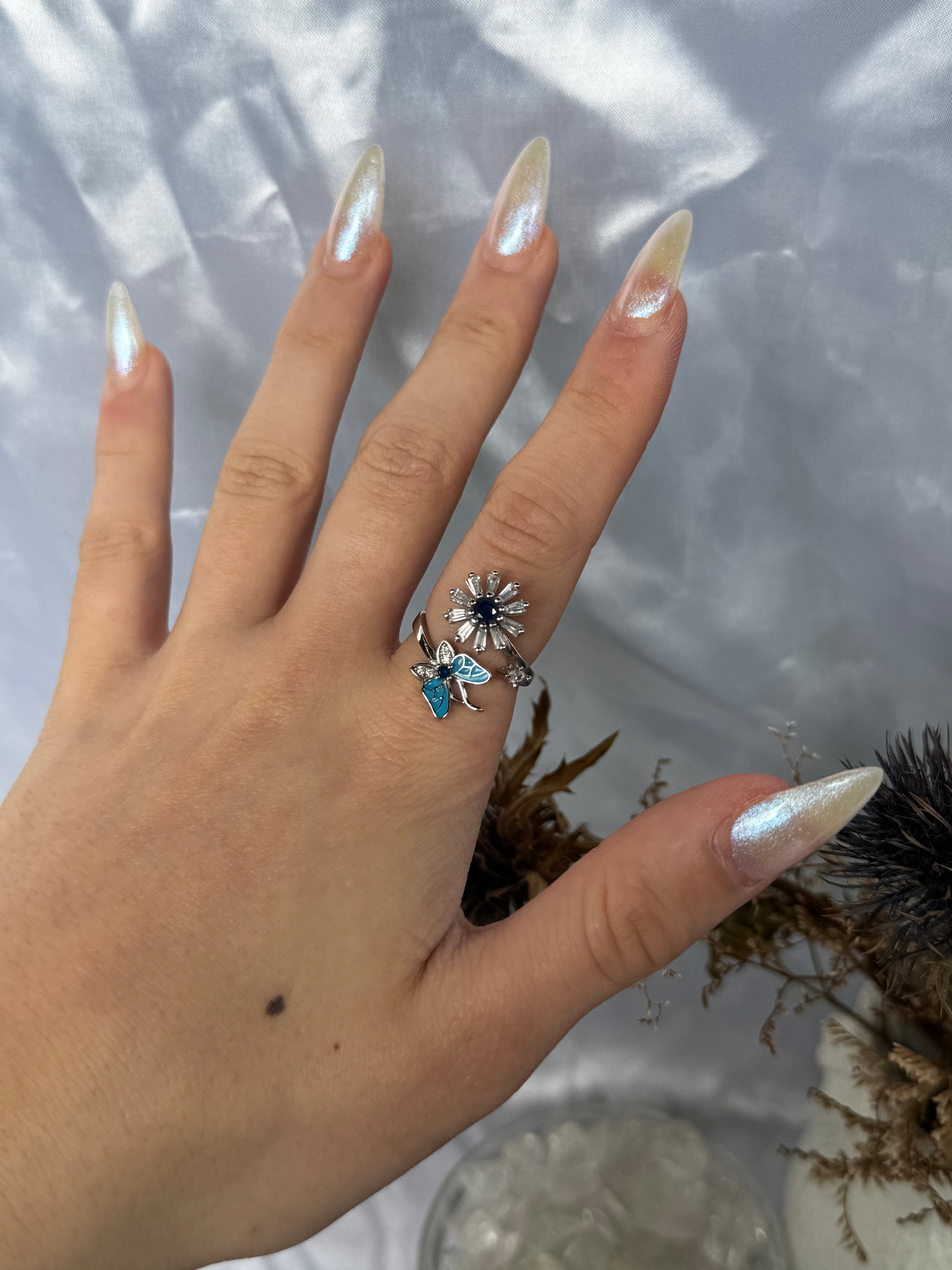 Blue Silver Butterfly Flower Fidget ring