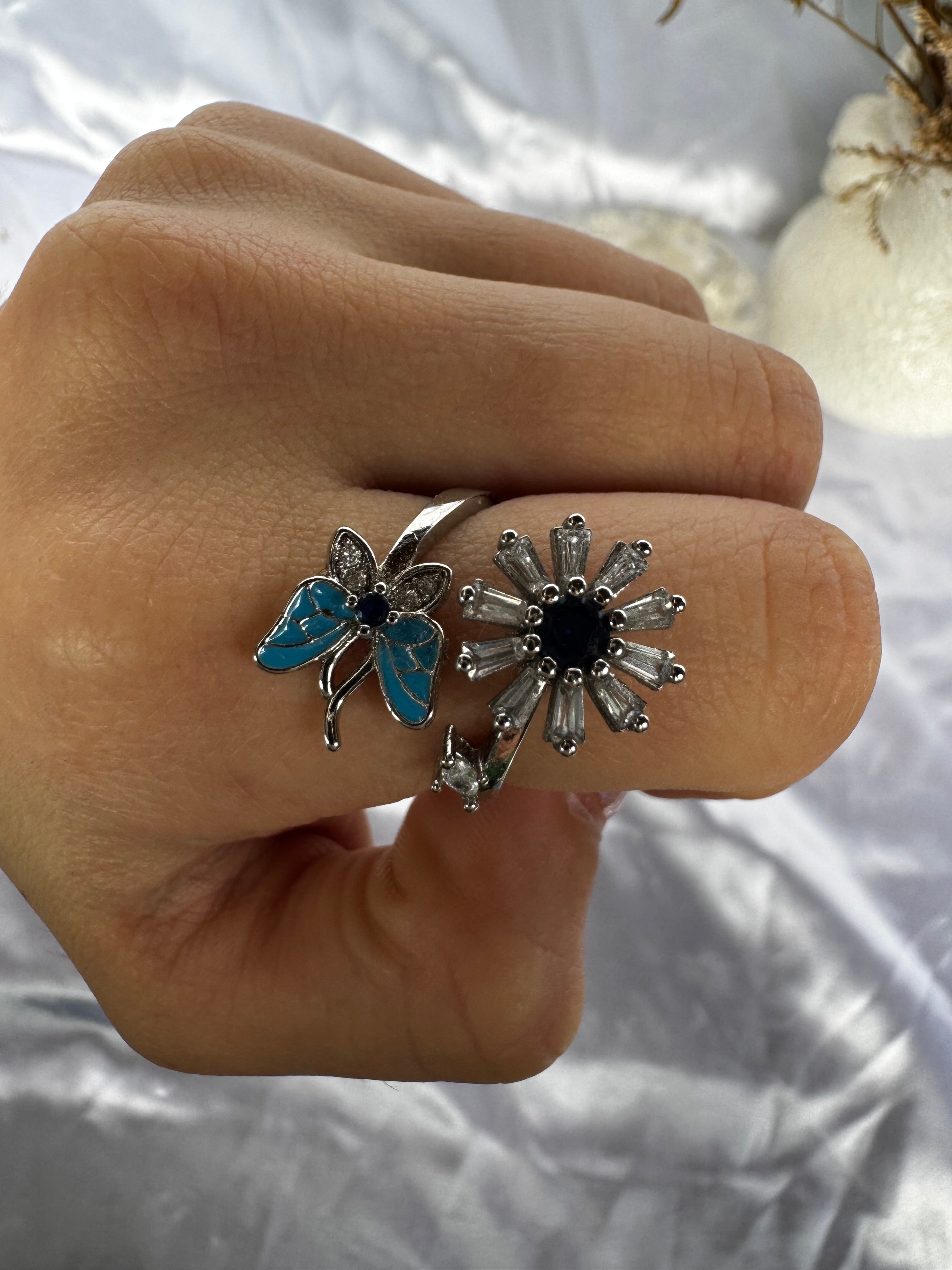 Blue Silver Butterfly Flower Fidget ring