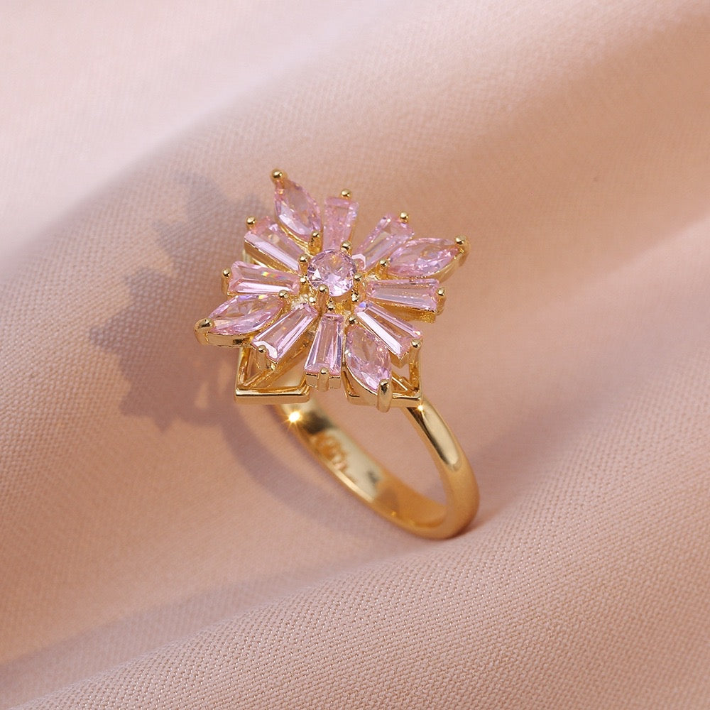 gold plated fidget ring with pink chevron flower design