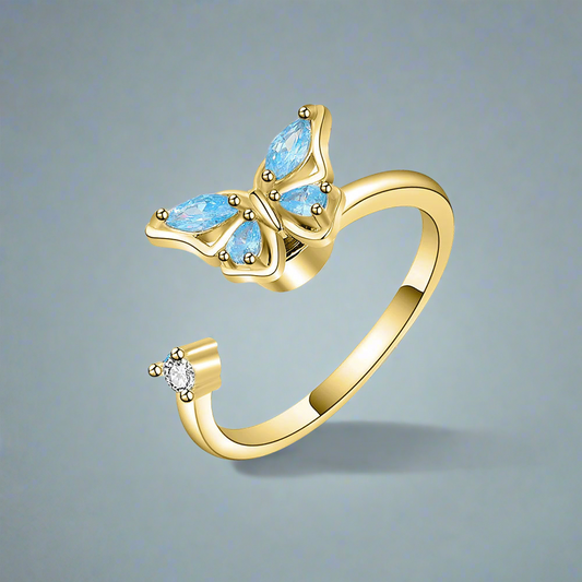 Gold Blue Butterfly Fidget Ring