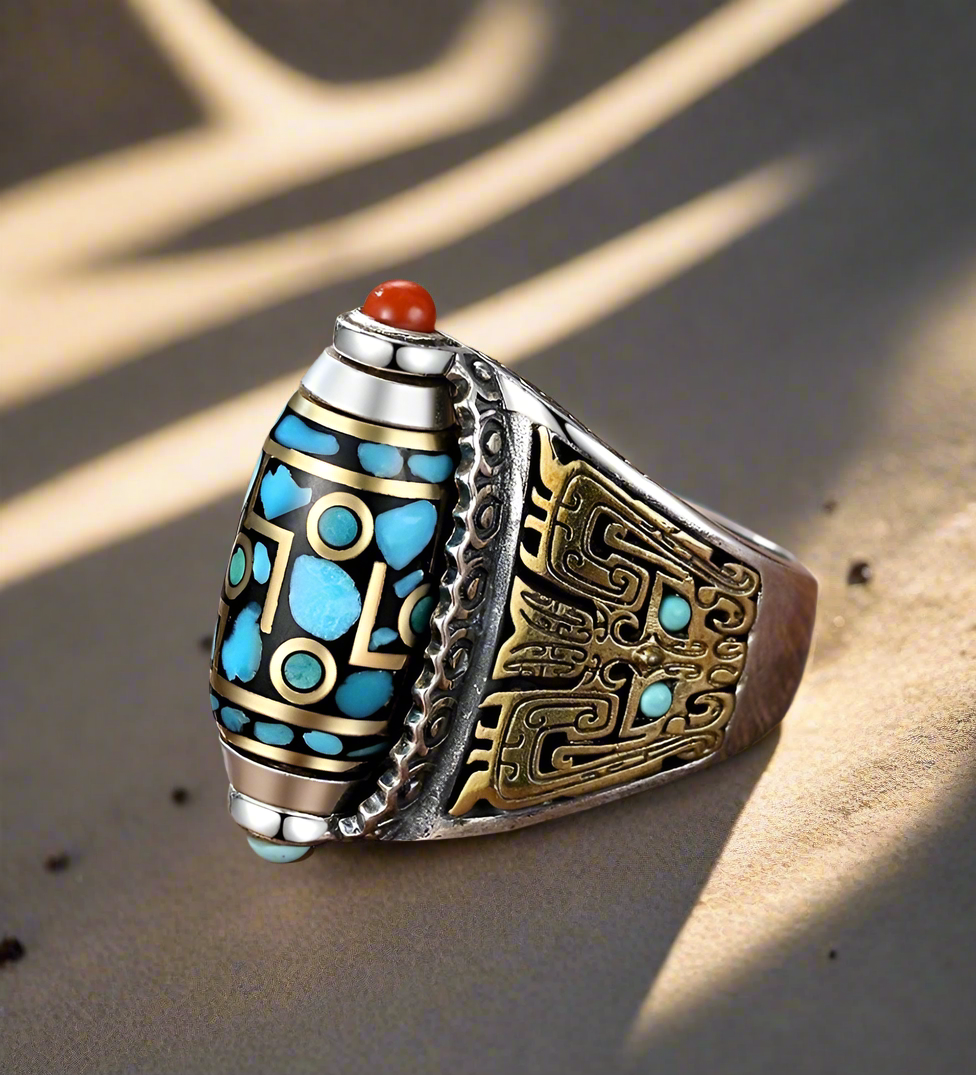 Tibetan Dzi Bead Style 9 Eyes Fidget Ring