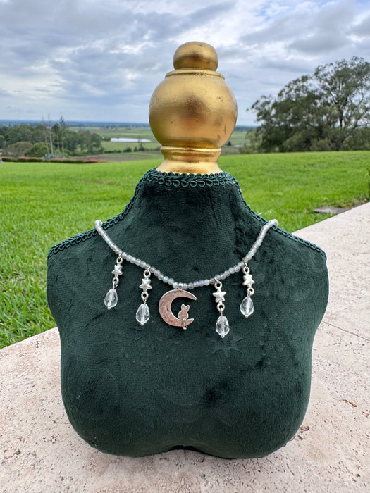 Labradorite & Clear Quartz Moon Cat Necklace