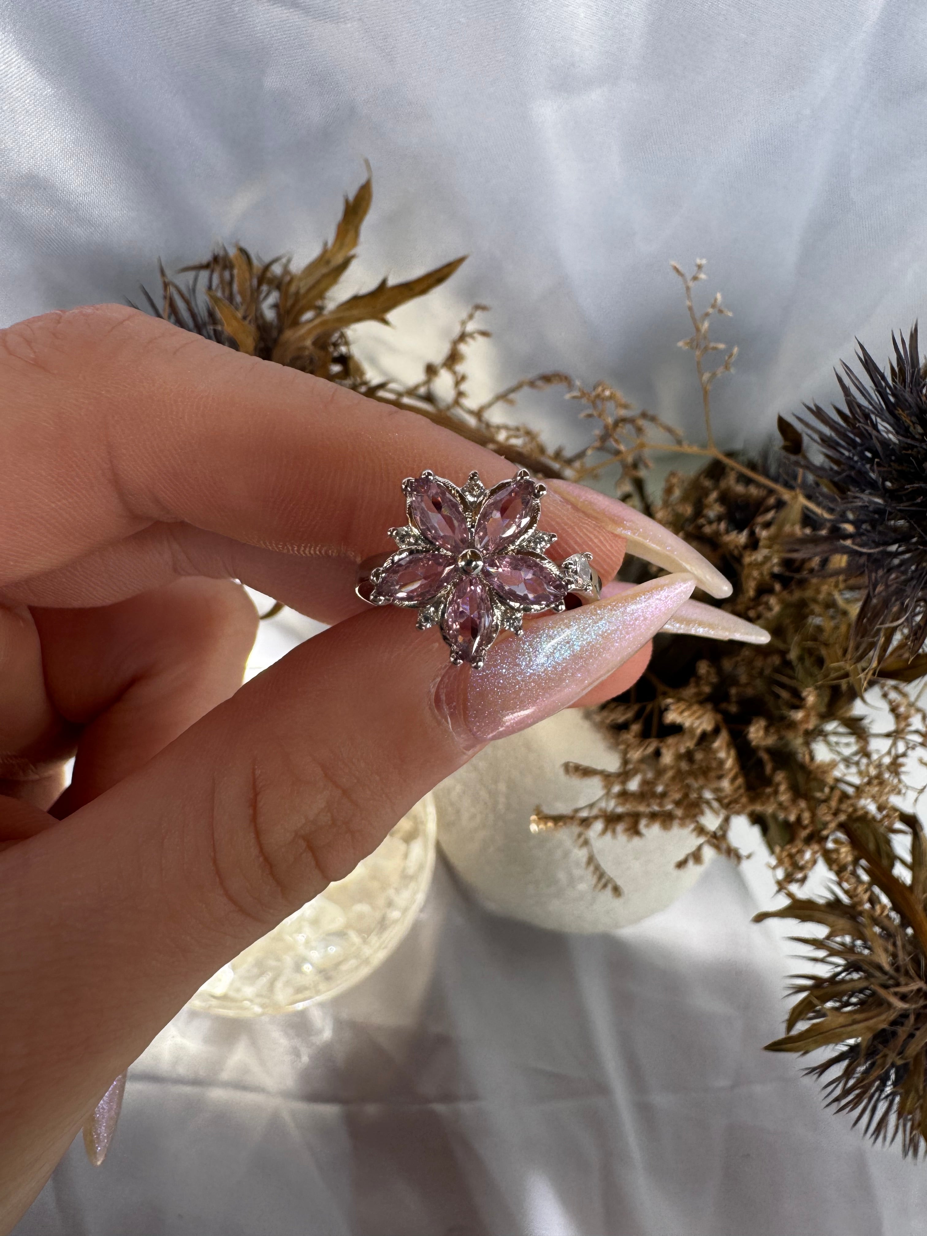 Silver Pink Flower Fidget Ring