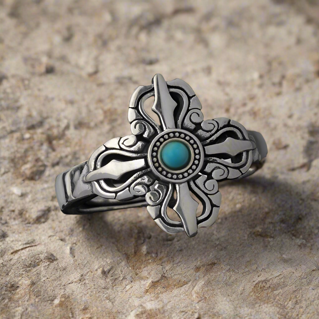 Vintage Vajra cross Turquoise silver Ring