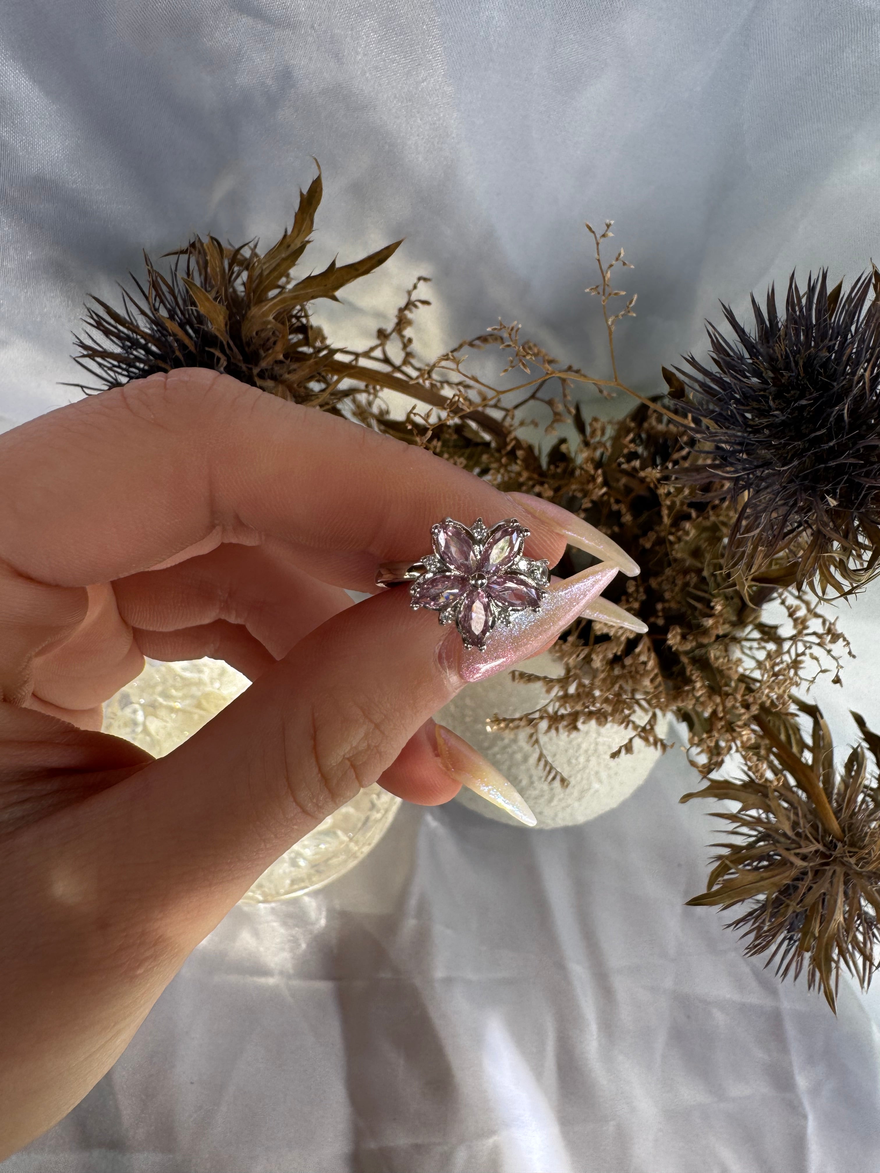 Silver Pink Flower Fidget Ring