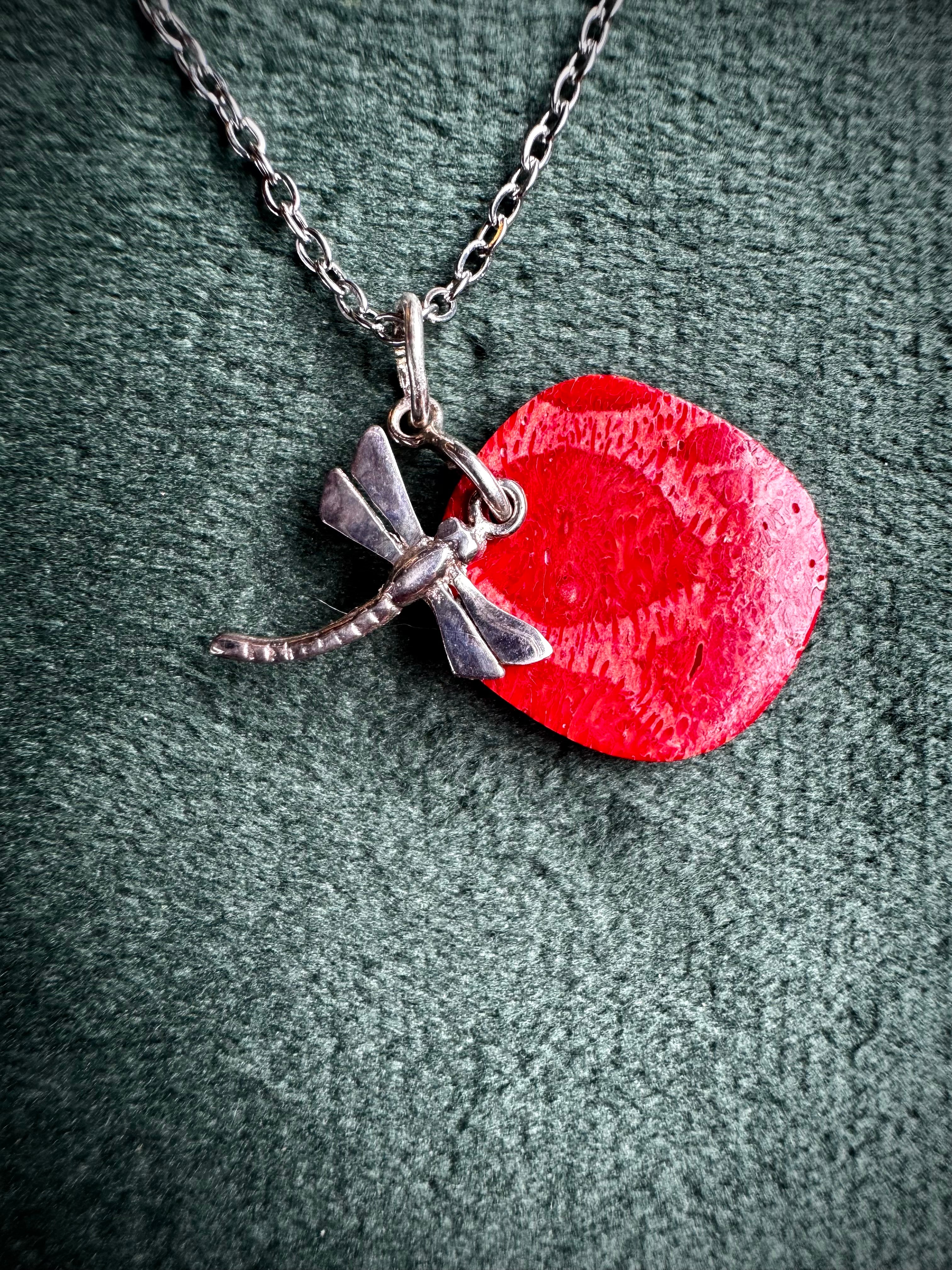 Small S925 Red Coral Dragonfly Pendant