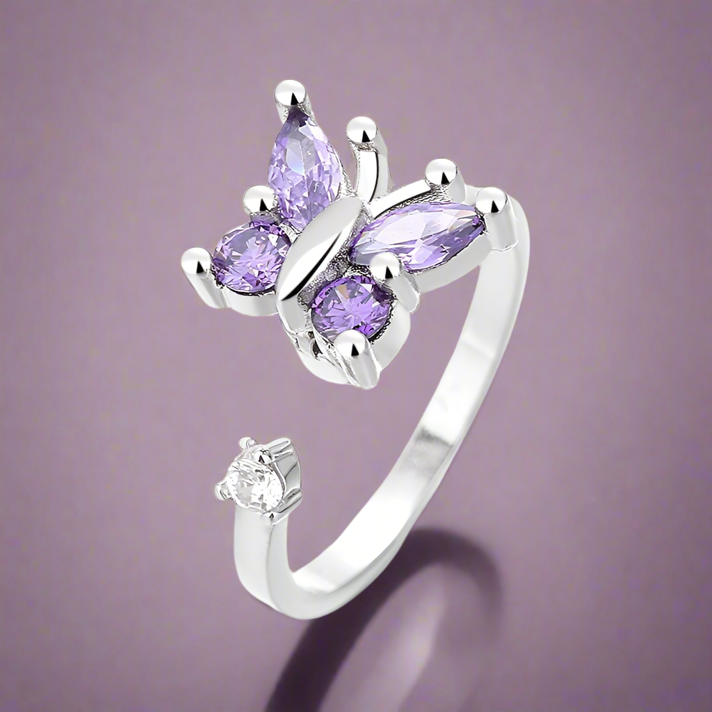 Silver Purple Butterfly Fidget Ring