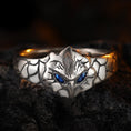 Load image into Gallery viewer, silver owl ring with blue zirconia details
