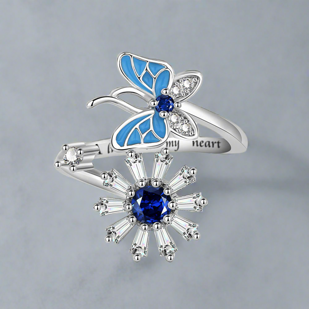 Blue Silver Butterfly Flower Fidget ring