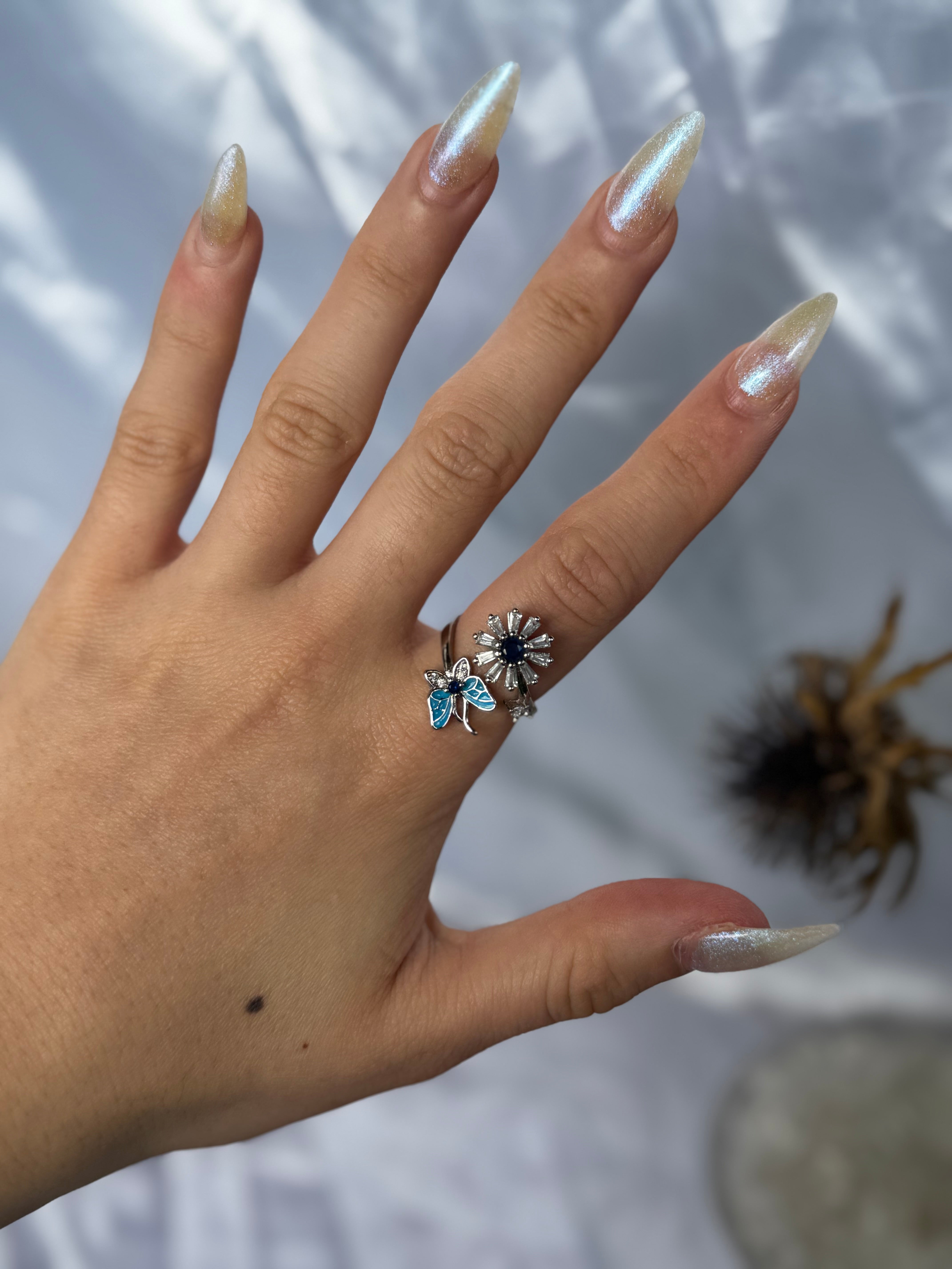 Blue Silver Butterfly Flower Fidget ring