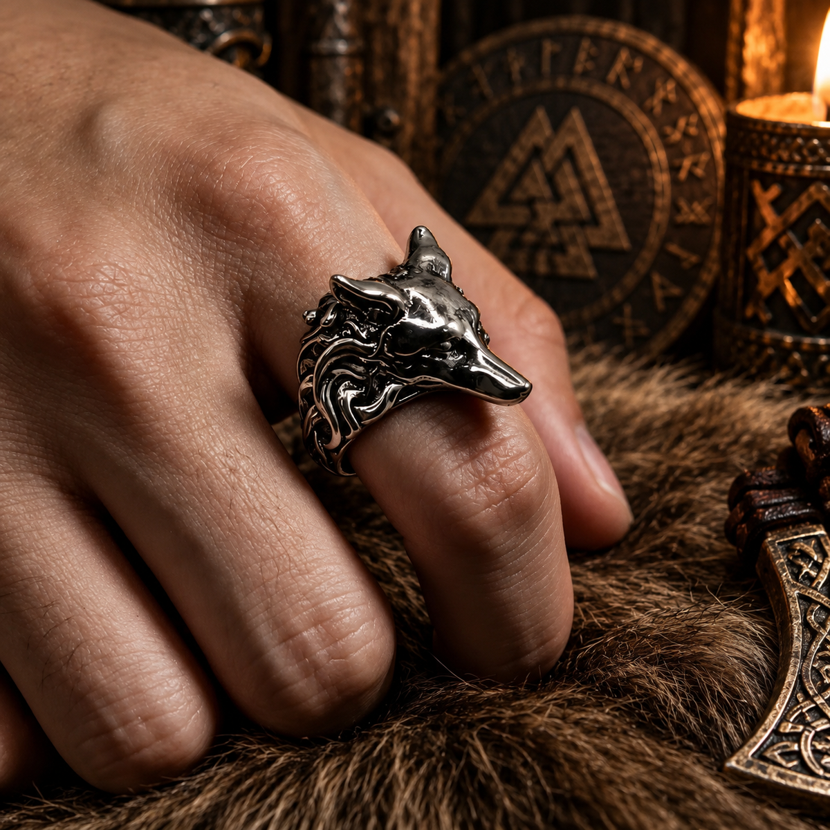 3D Gothic Viking Wolf Head Silver Ring