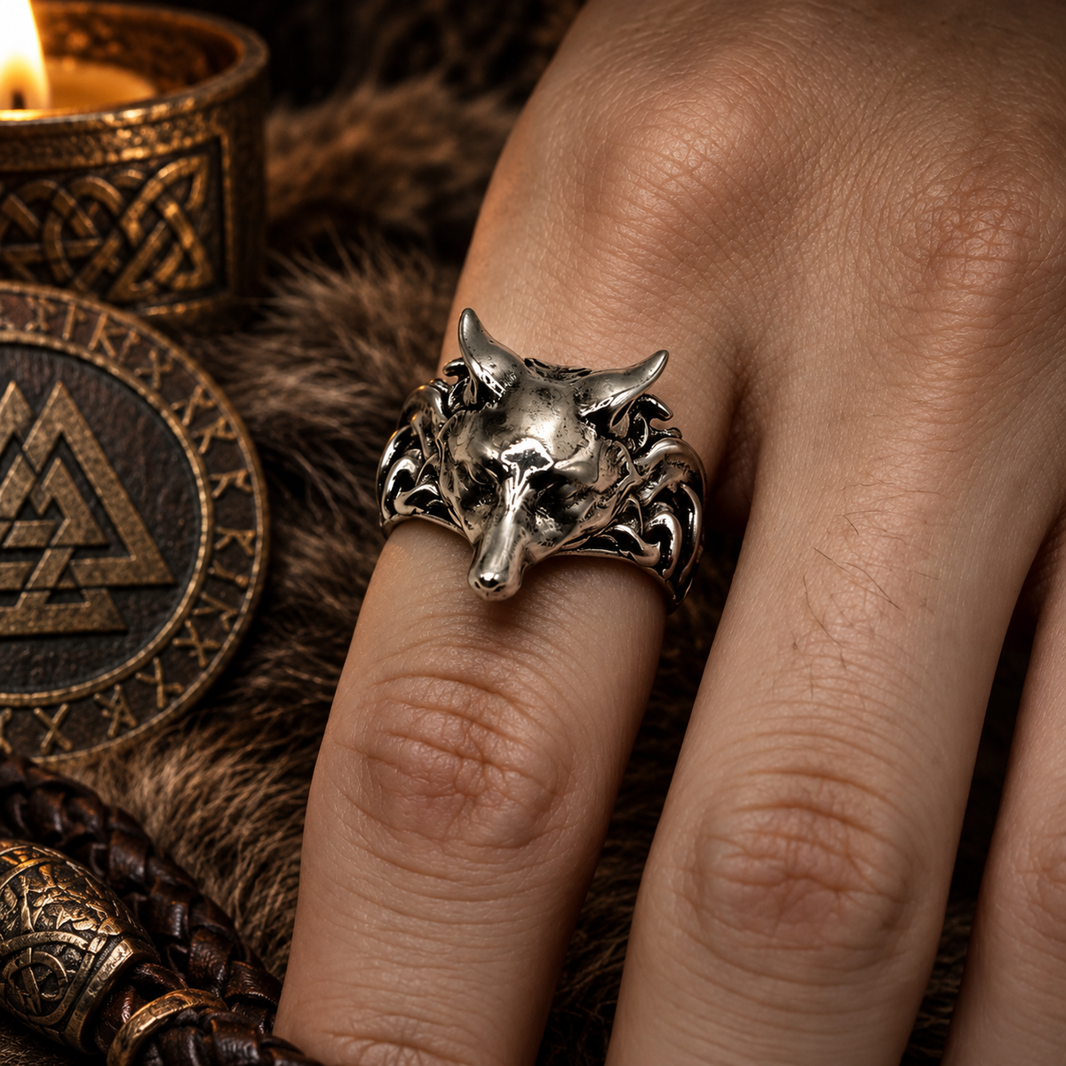 3D Gothic Viking Wolf Head Silver Ring