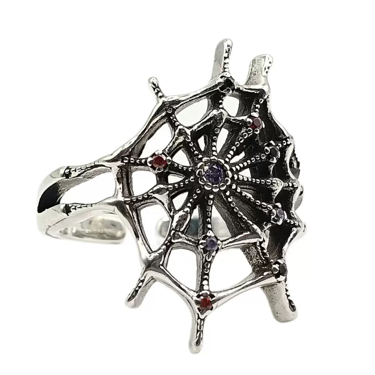 Gothic Spiderweb Crystal Statement Ring – Antique Silver Tone