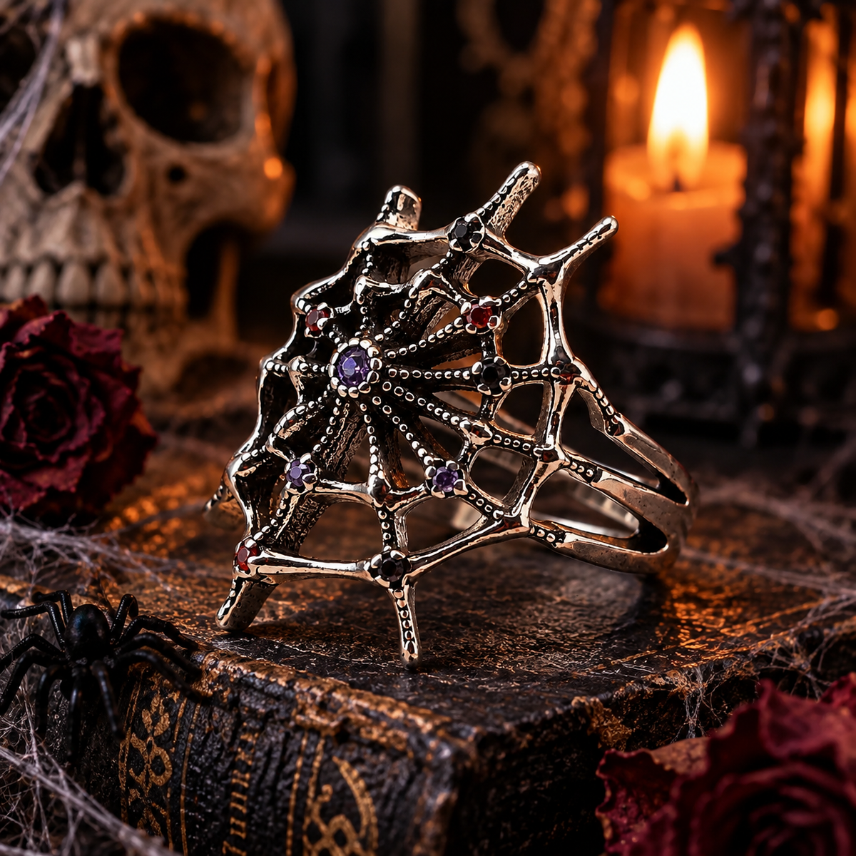 Gothic Spiderweb Crystal Statement Ring – Antique Silver Tone