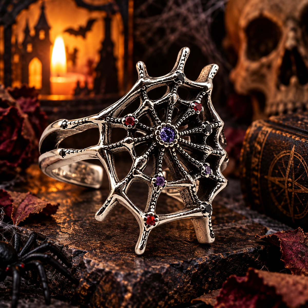 Gothic Spiderweb Crystal Statement Ring – Antique Silver Tone