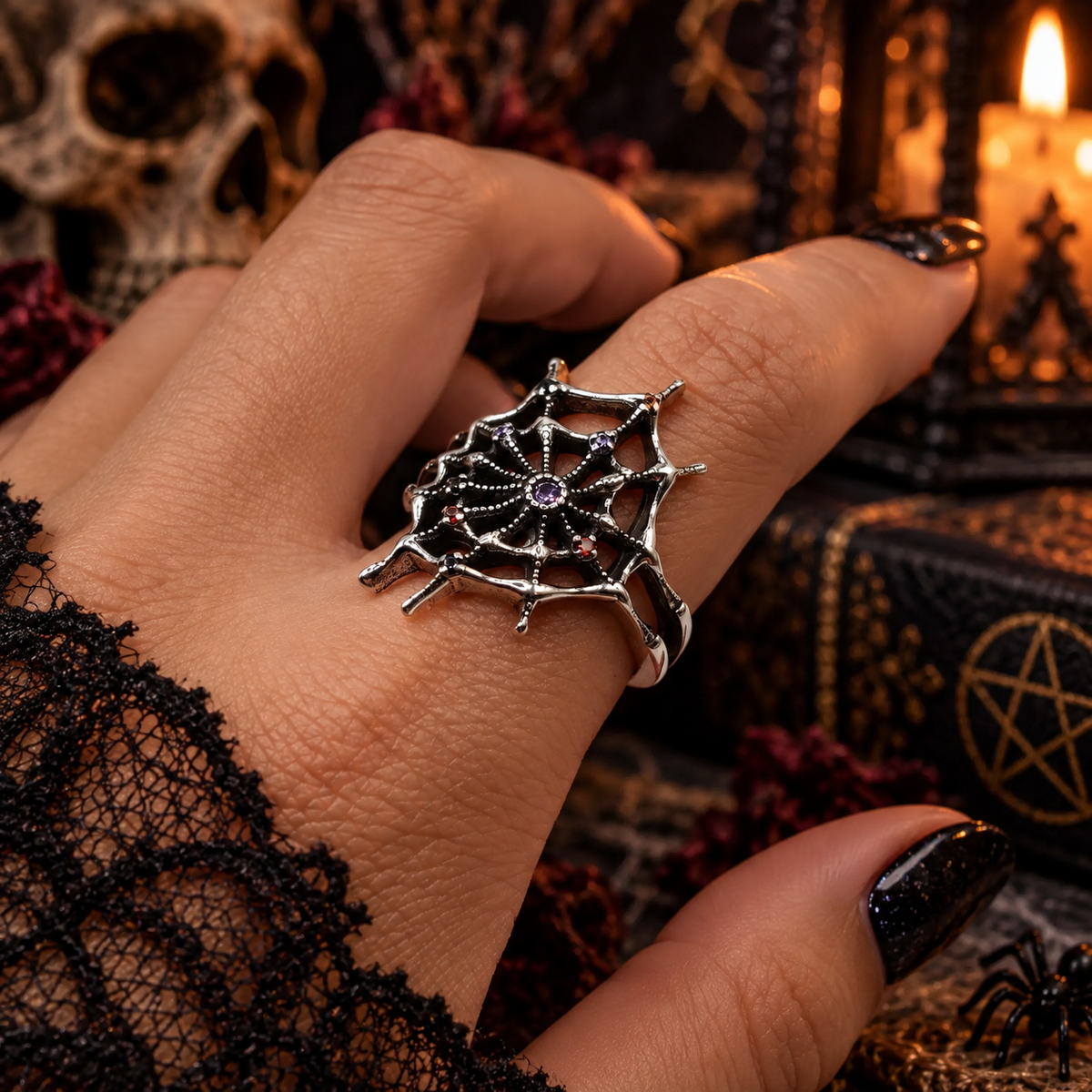 Gothic Spiderweb Crystal Statement Ring – Antique Silver Tone