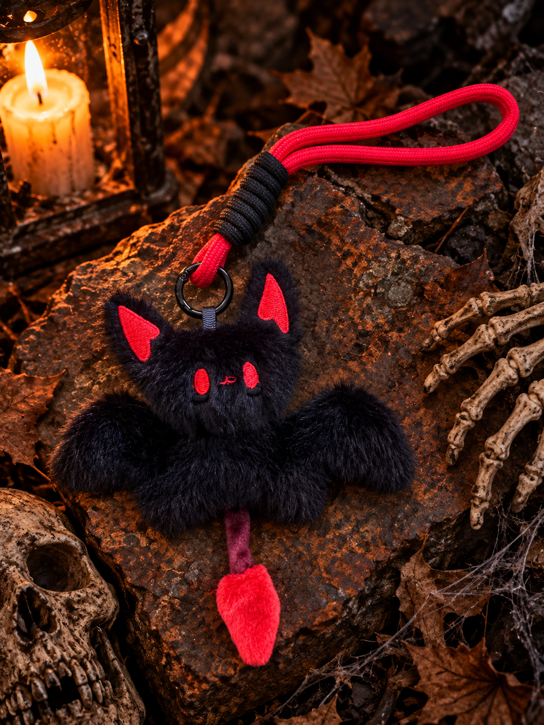 🦇Gothic Bat Plush Keychain – Black & Red