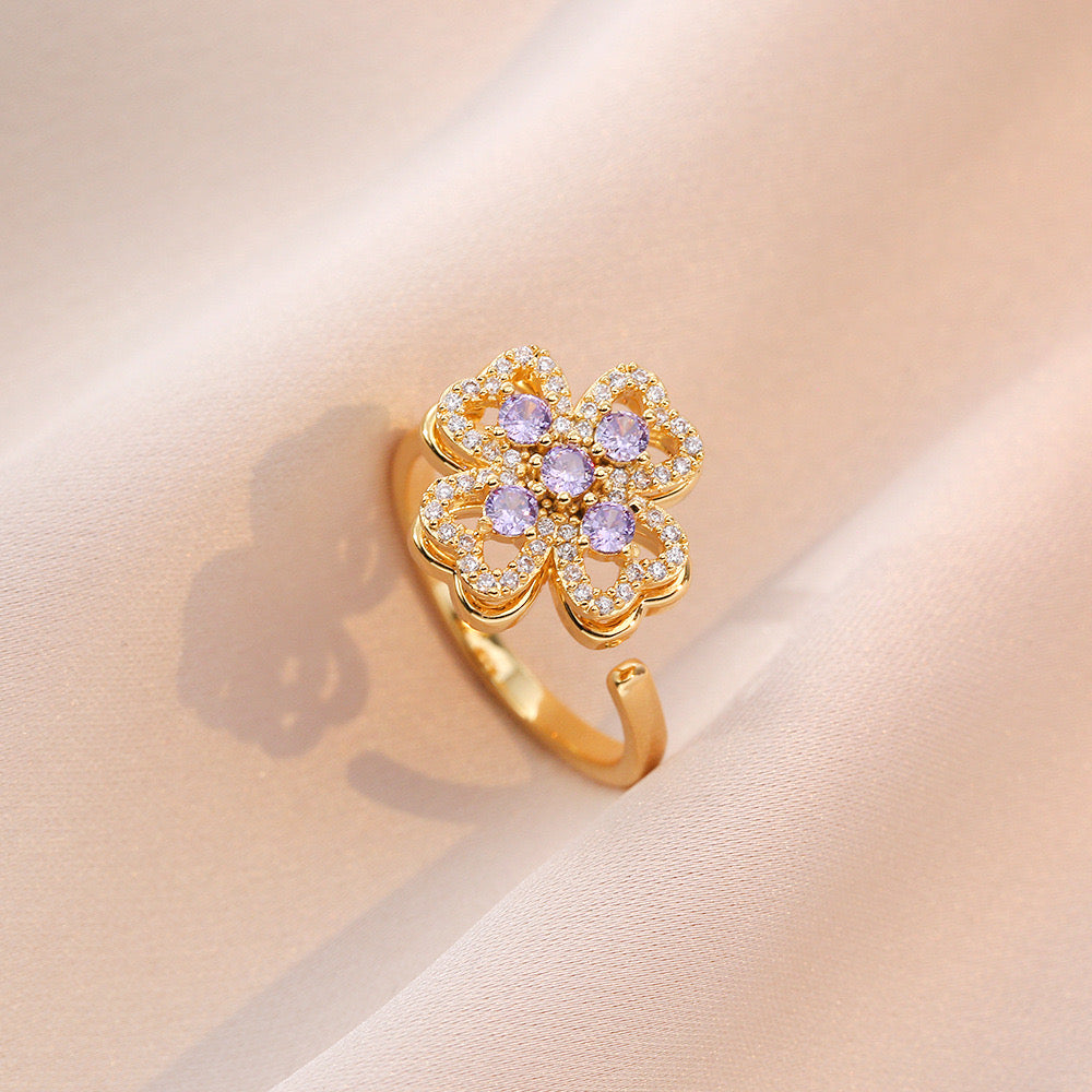 Gold Purple 4 Clover flower Fidget Ring