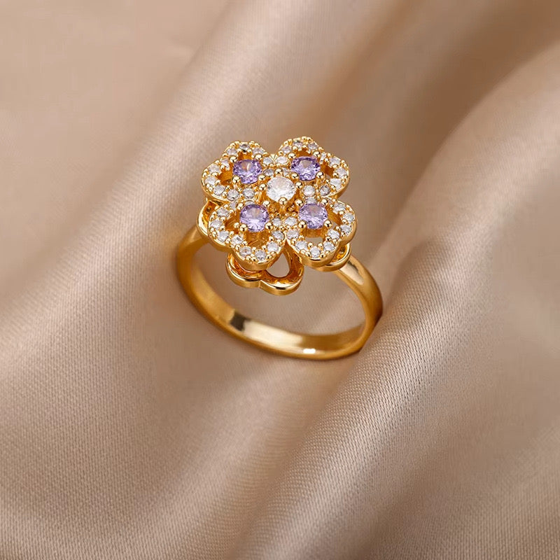 Gold Purple 4 Clover flower Fidget Ring