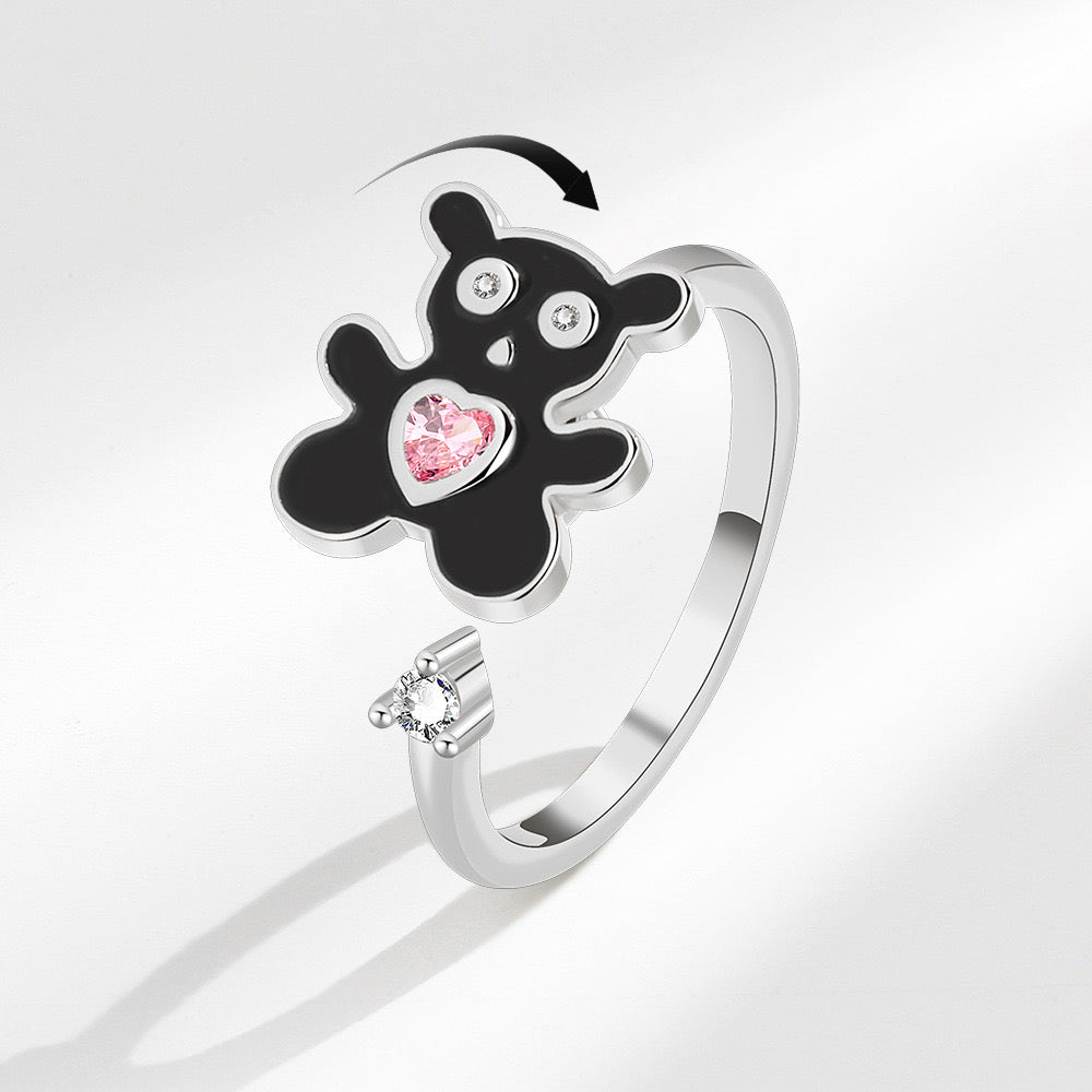 Black Bear pink love heart Fidget Ring