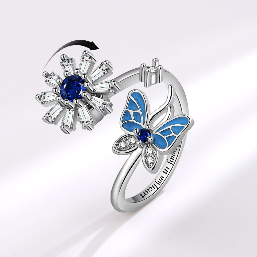 Blue Silver Butterfly Flower Fidget ring