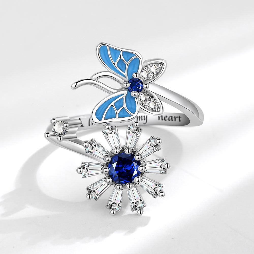 Blue Silver Butterfly Flower Fidget ring