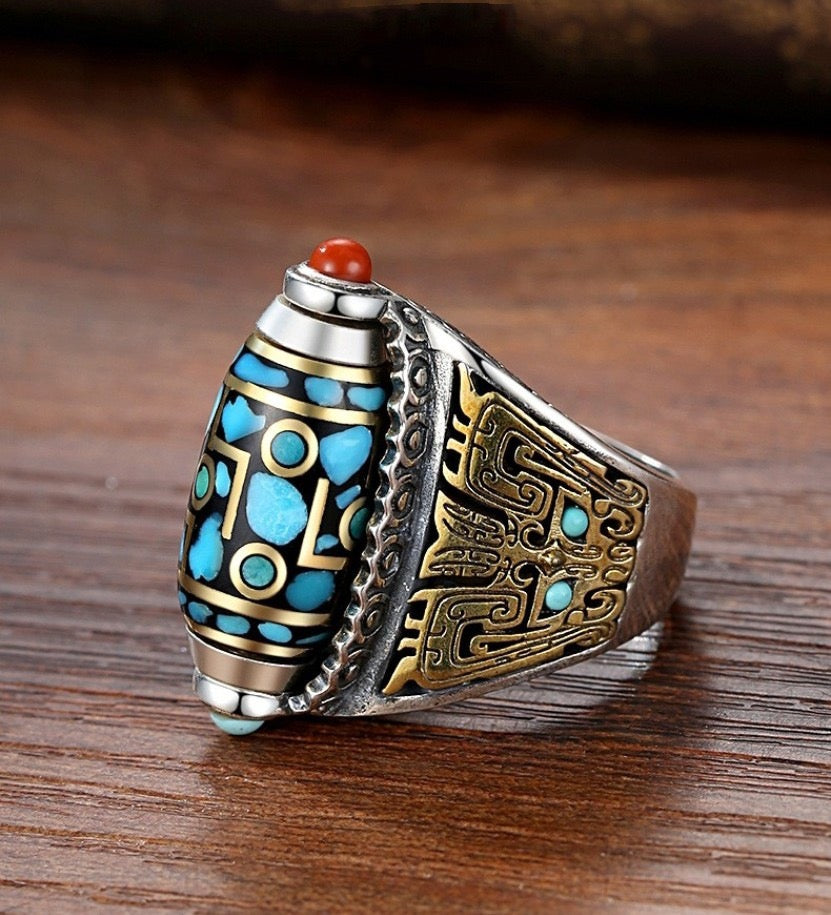 Tibetan Dzi Bead Style 9 Eyes Fidget Ring