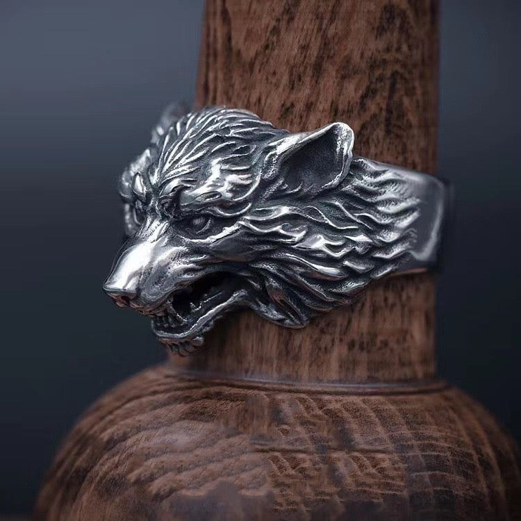 3D Gothic Viking Wolf Head Silver Ring