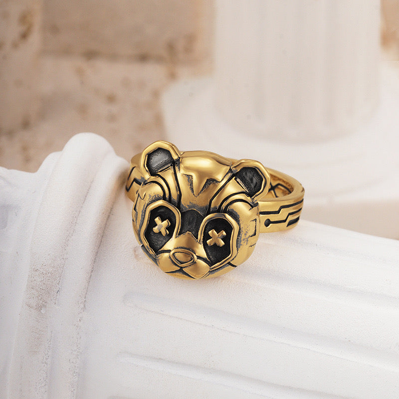 Black Gold Panda Robot Ring