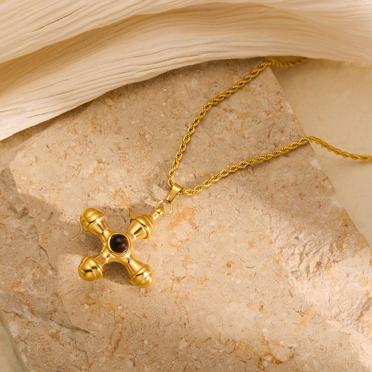 Gold Cross with natural Gemstone Tiger Eyes Necklace