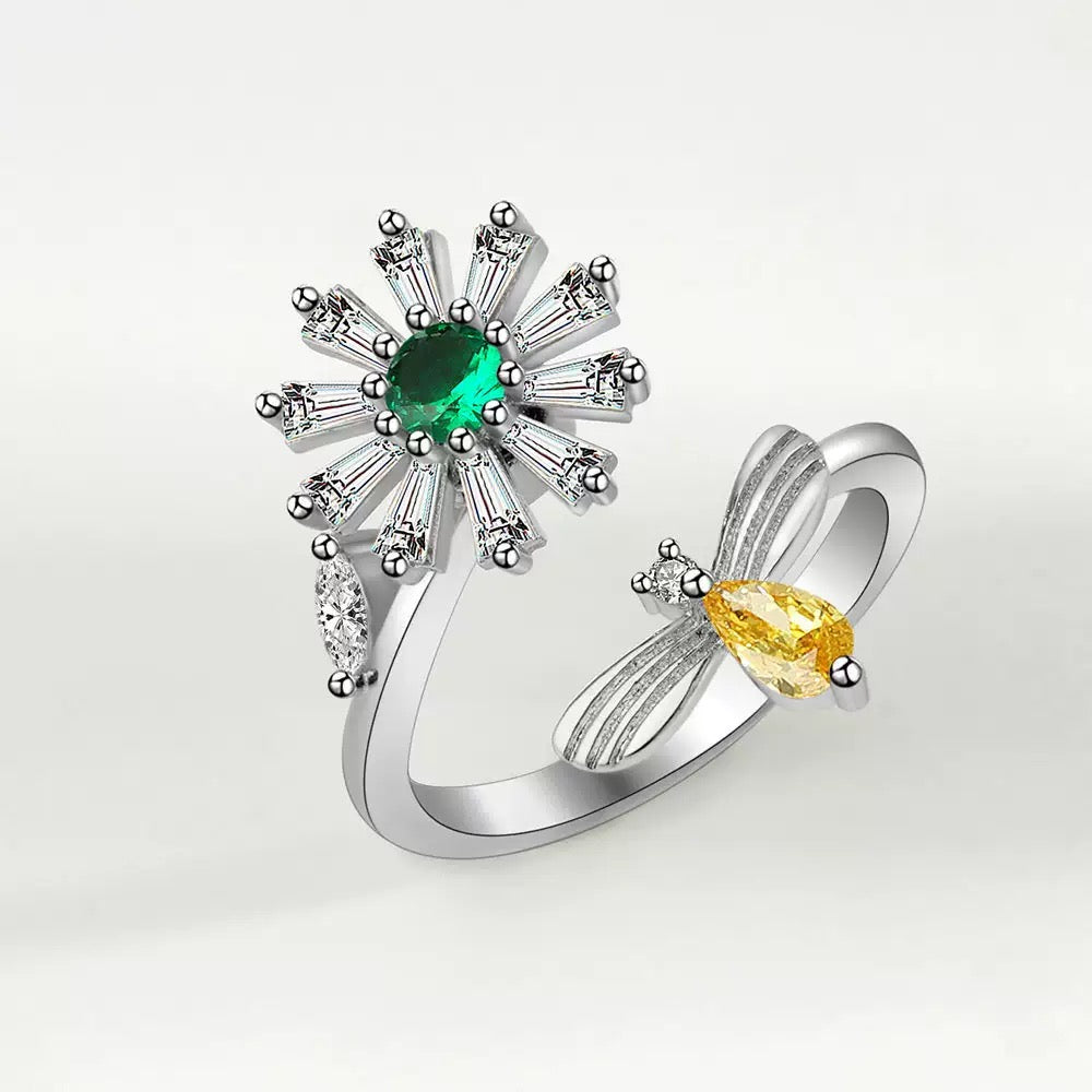 Silver Bee with Flower Fidget ring