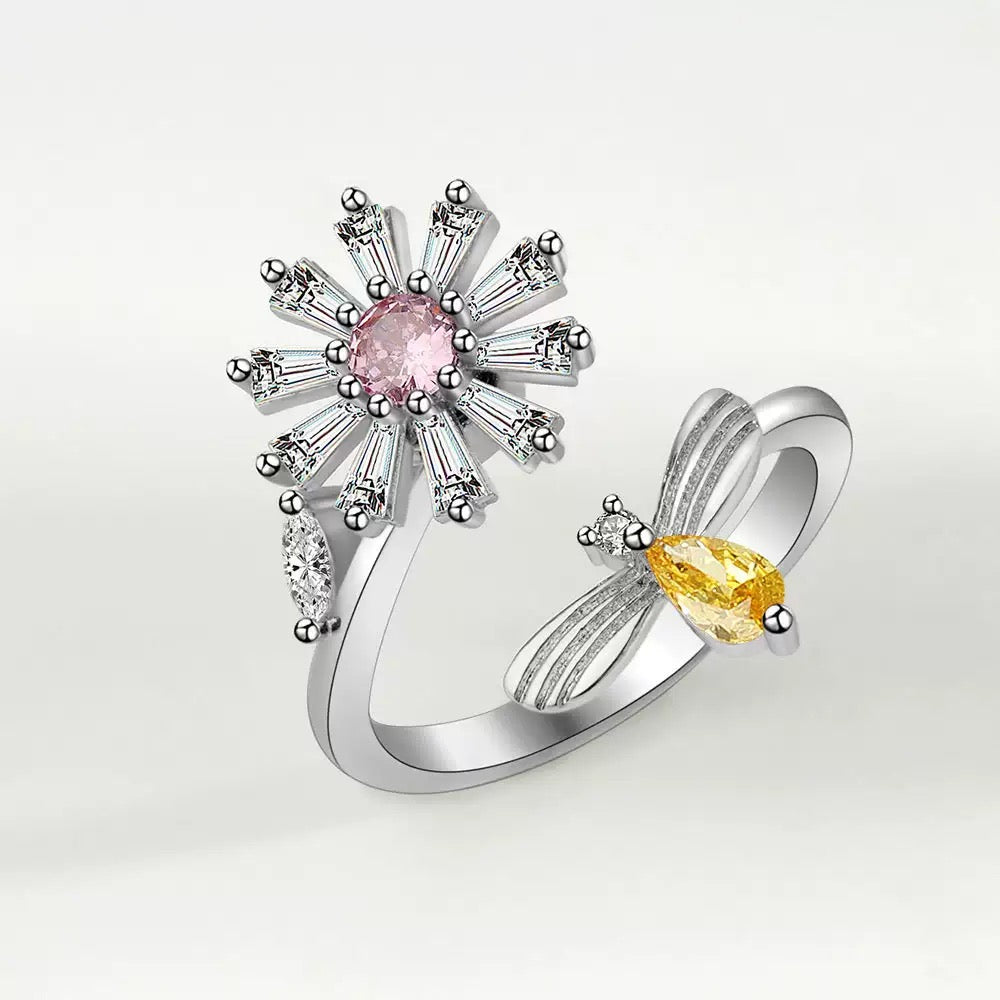 Silver Bee with Flower Fidget ring