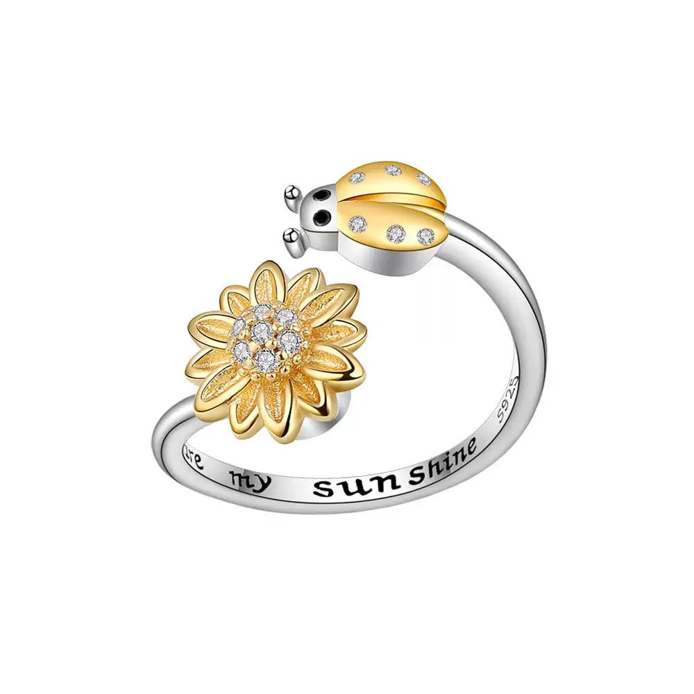 Silver lady bug Flower Fidget ring