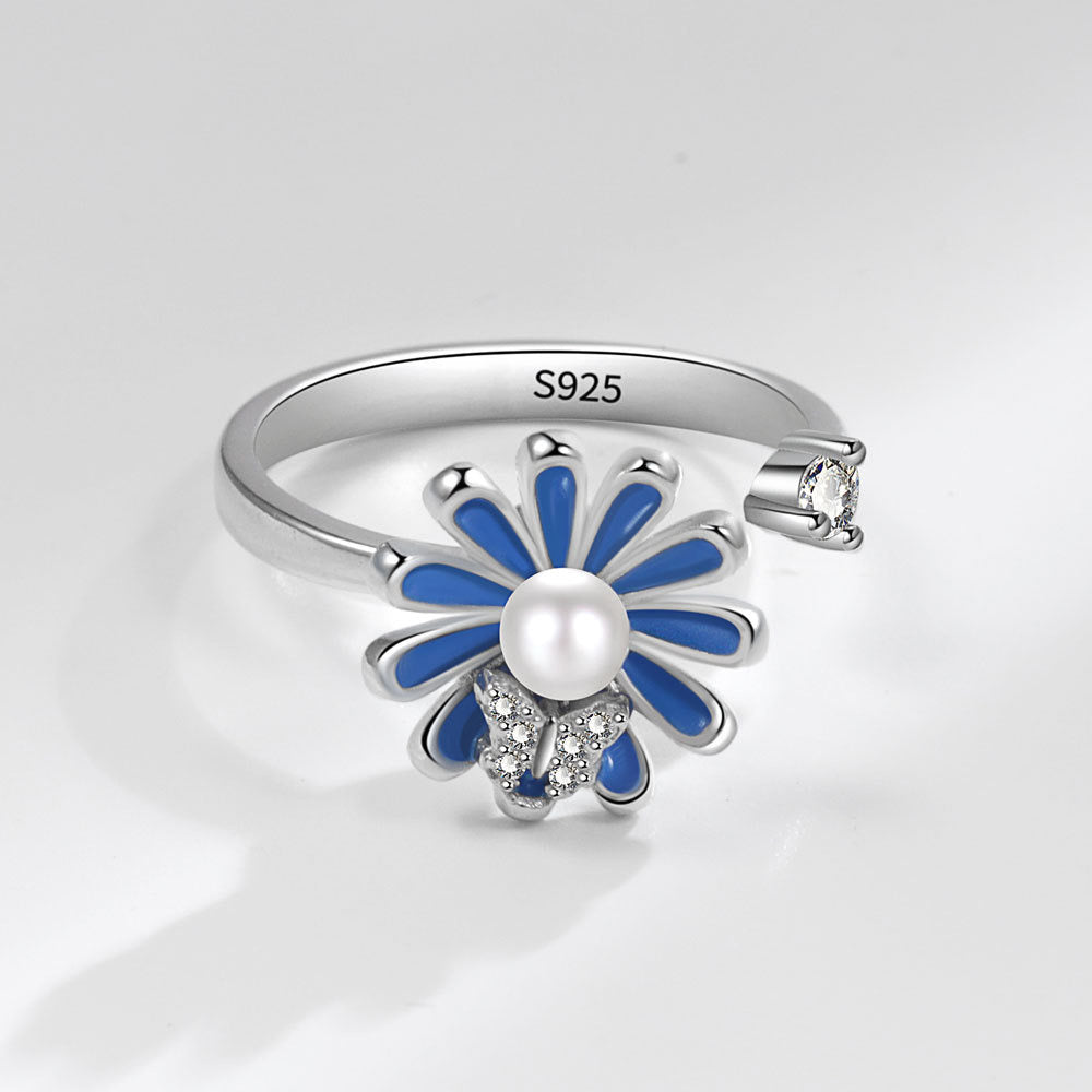 Silver Blue Daisy Butterfly Fidget Ring