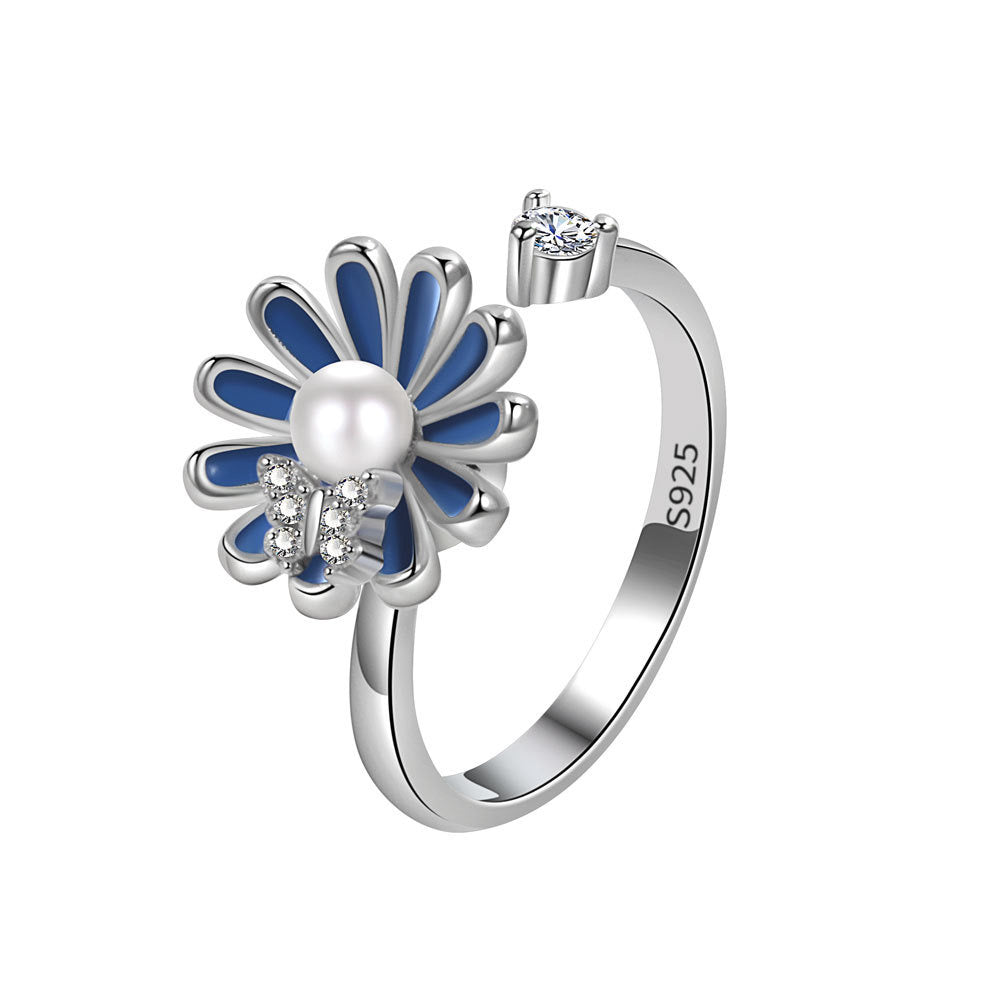 Silver Blue Daisy Butterfly Fidget Ring