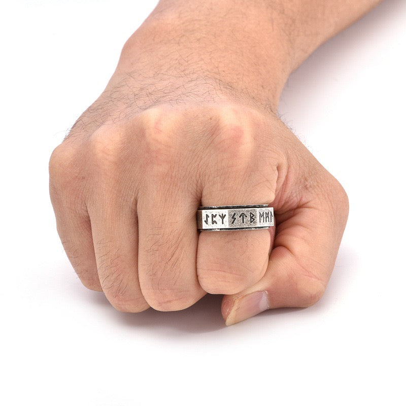 Ancient Viking Nordic Rune Fidget Ring in pointy finger